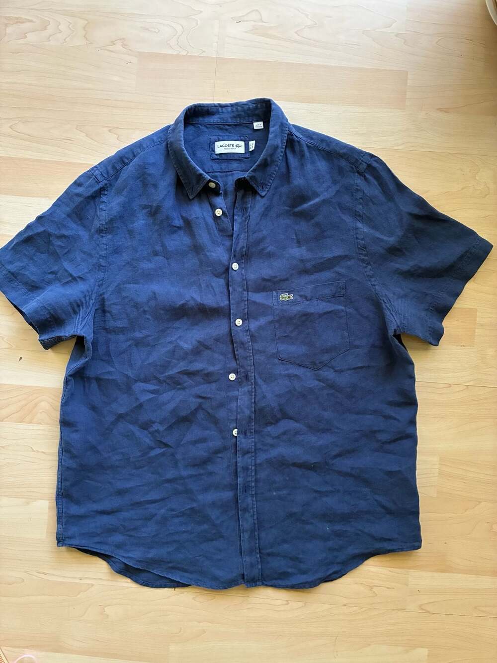Lacoste Regular Fit Linen Short Sleeve Button Down Shirt Navy Blue Size XL
